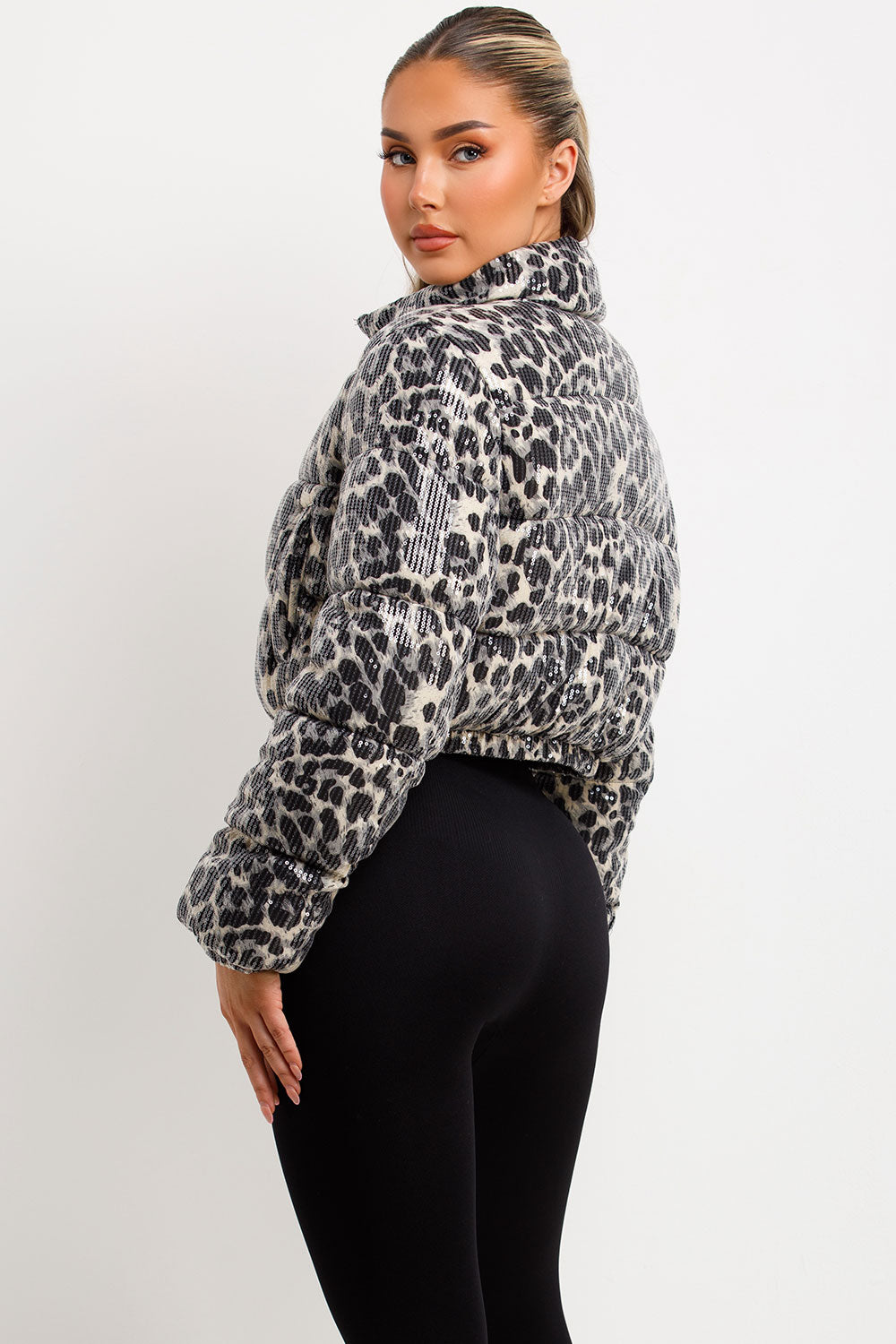 White Leopard Print Crop Puffer Jacket Sequin Detail