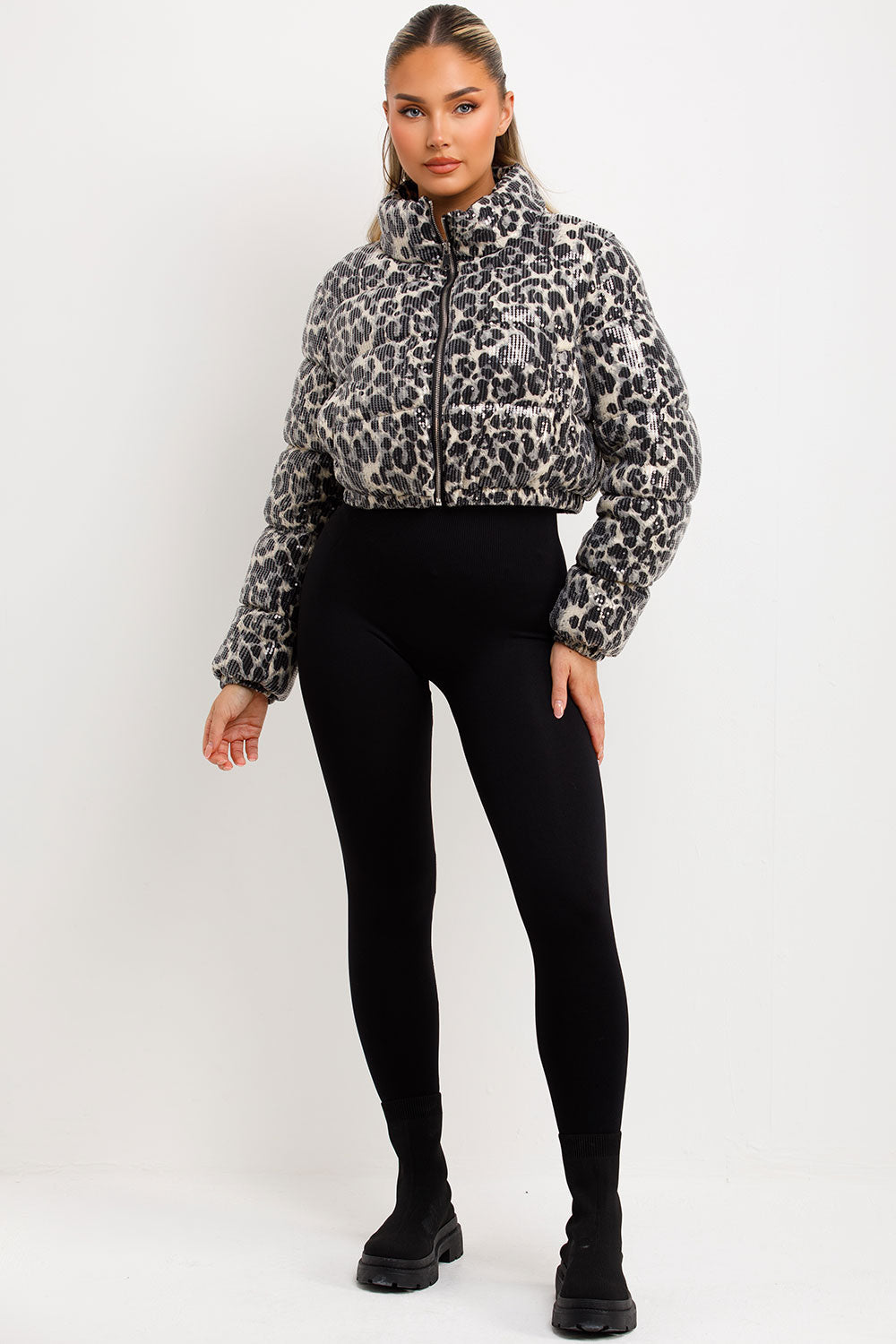 White Leopard Print Crop Puffer Jacket Sequin Detail