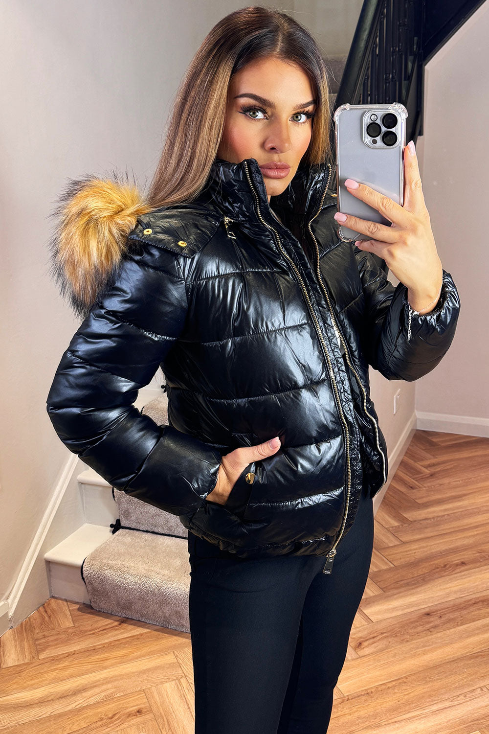 Faux Fur Hood Puffer Jacket Black