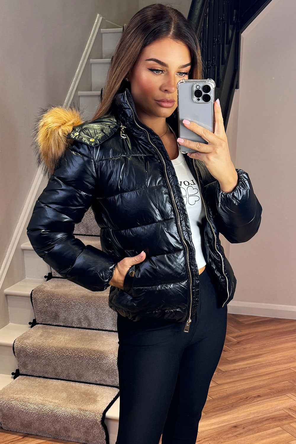 Faux Fur Hood Puffer Jacket Black