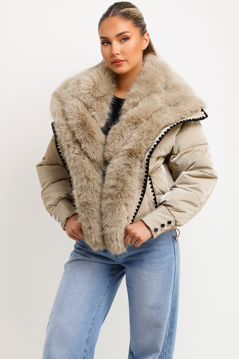 Faux Fur Collar And Trim Puffer Coat With Contrast Stitching Detail Beige