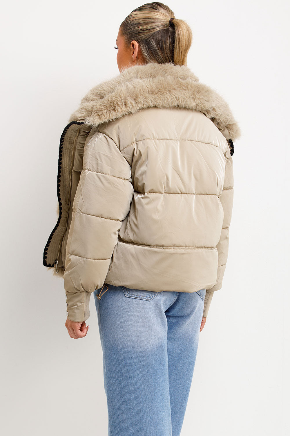 Faux Fur Collar And Trim Puffer Coat With Contrast Stitching Detail Beige