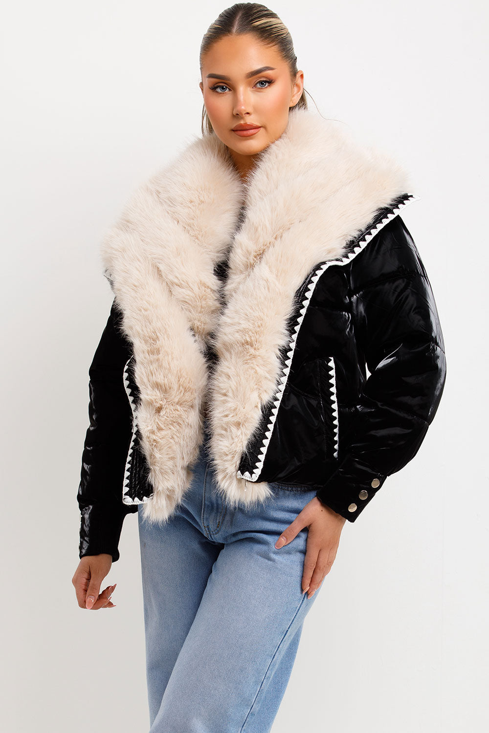 Faux Fur Collar And Trim Puffer Coat With Contrast Stitching Detail Black