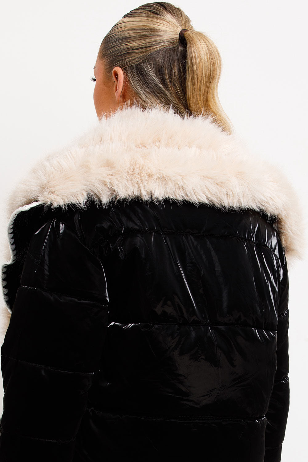 Faux Fur Collar And Trim Puffer Coat With Contrast Stitching Detail Black