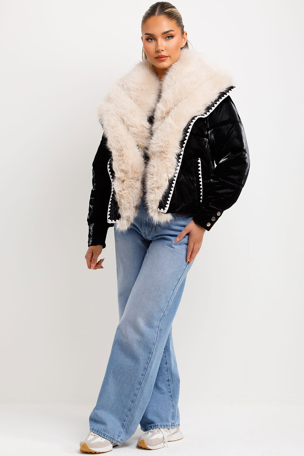 Faux Fur Collar And Trim Puffer Coat With Contrast Stitching Detail Black