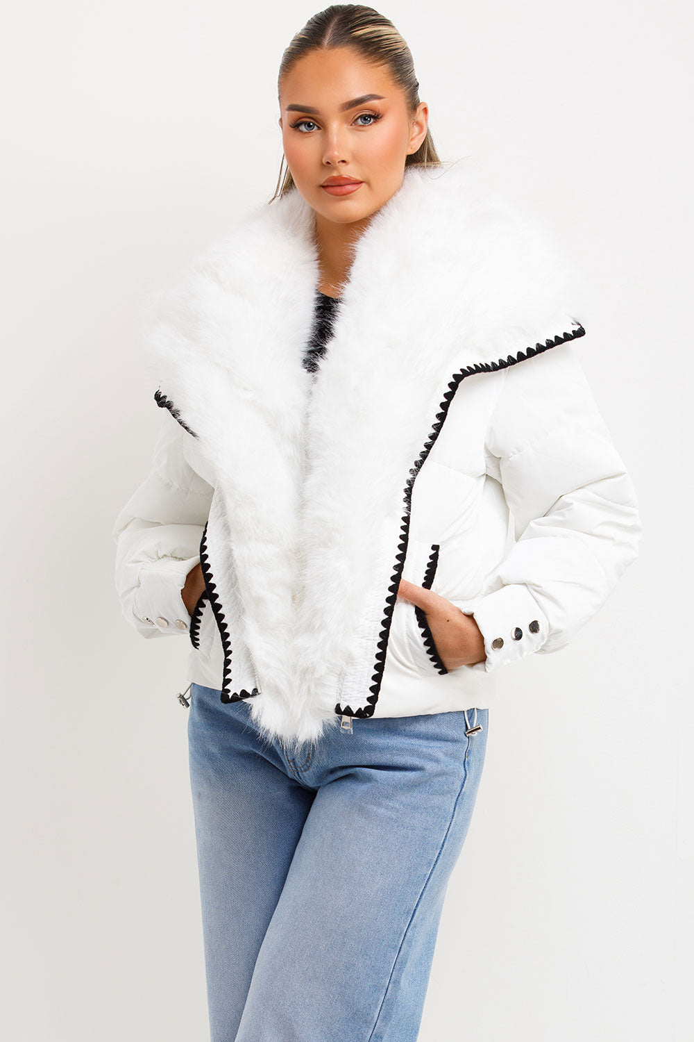 Faux Fur Collar And Trim Puffer Coat With Contrast Stitching Detail White