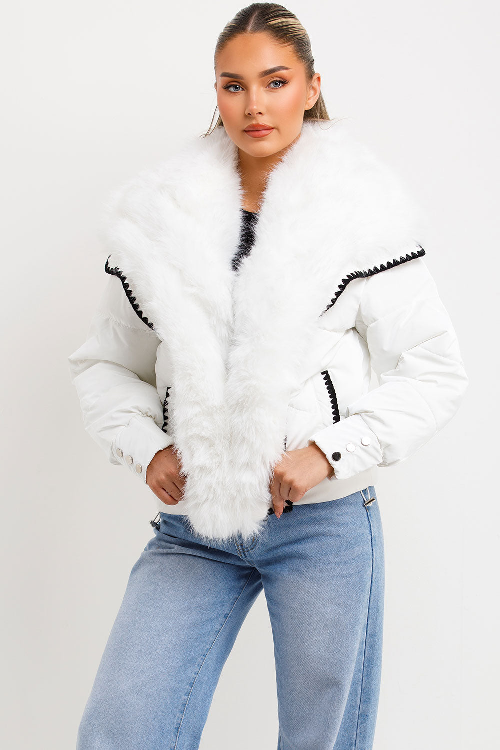 Faux Fur Collar And Trim Puffer Coat With Contrast Stitching Detail White