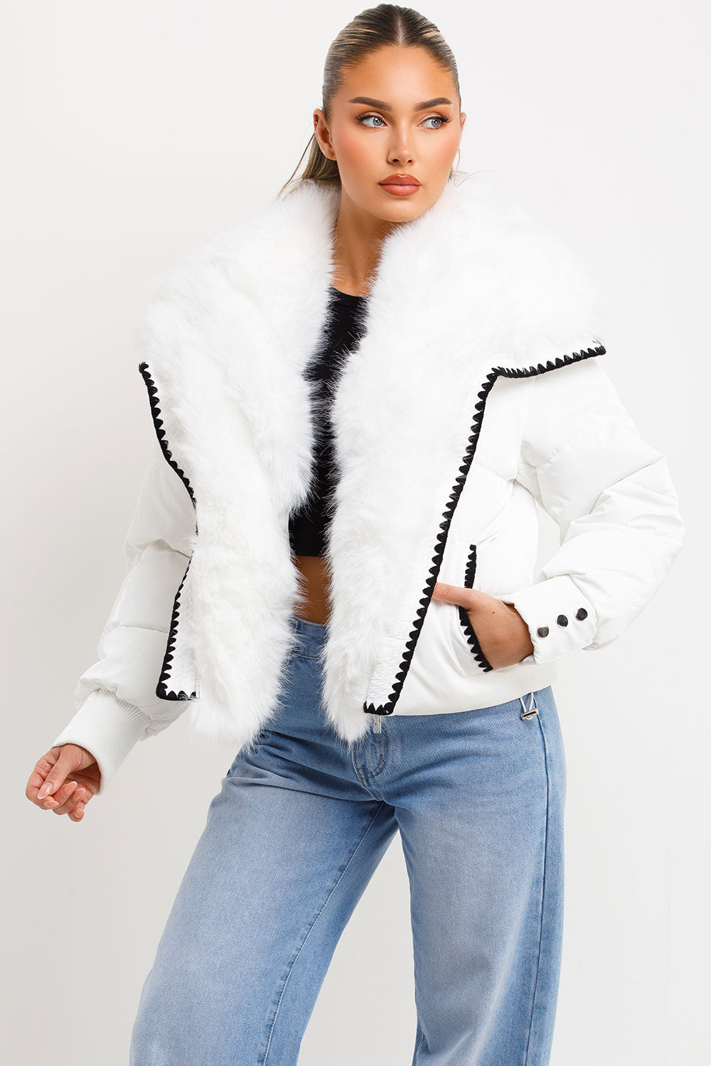 Faux Fur Collar And Trim Puffer Coat With Contrast Stitching Detail White