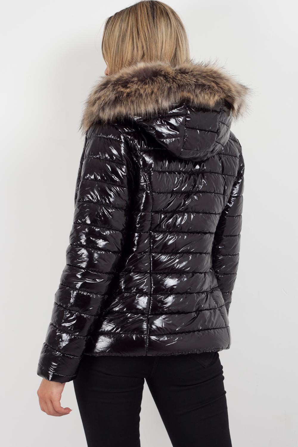 Black Shiny Puffer Coat With Faux Fur Hood