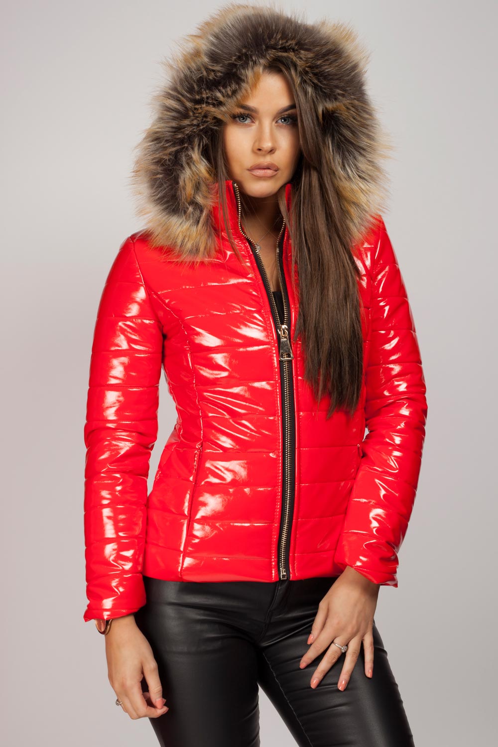 Wet Look Puffer Coat With Faux Fur Hood