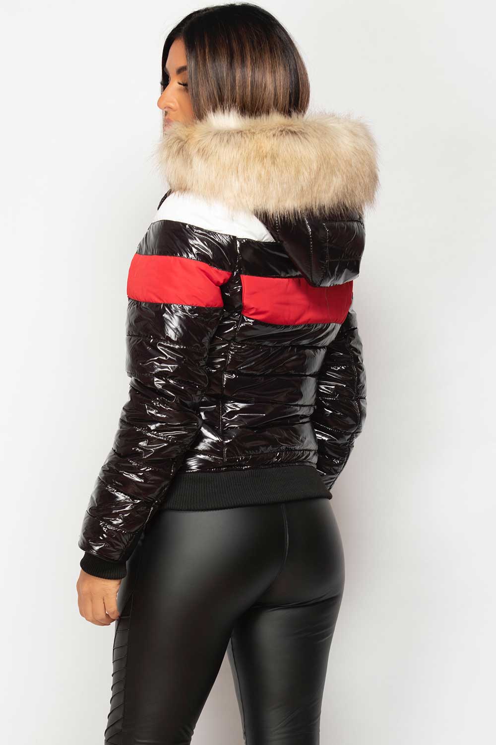 Black Shiny Puffer Faux Fur Hood Jacket With Red White Panel