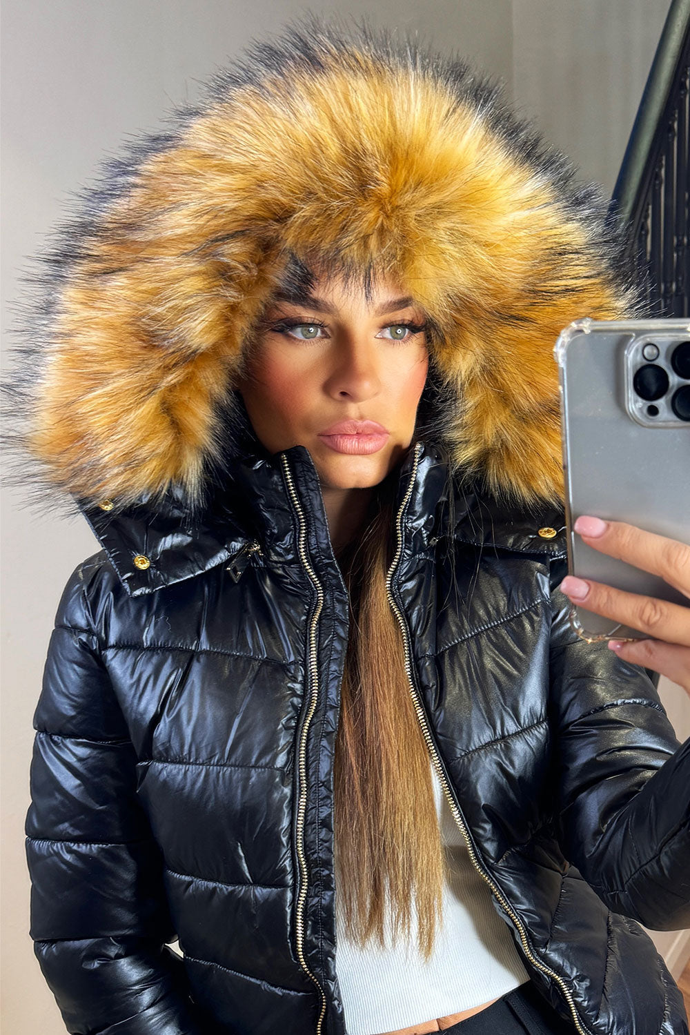 Faux Fur Hood Puffer Jacket Black