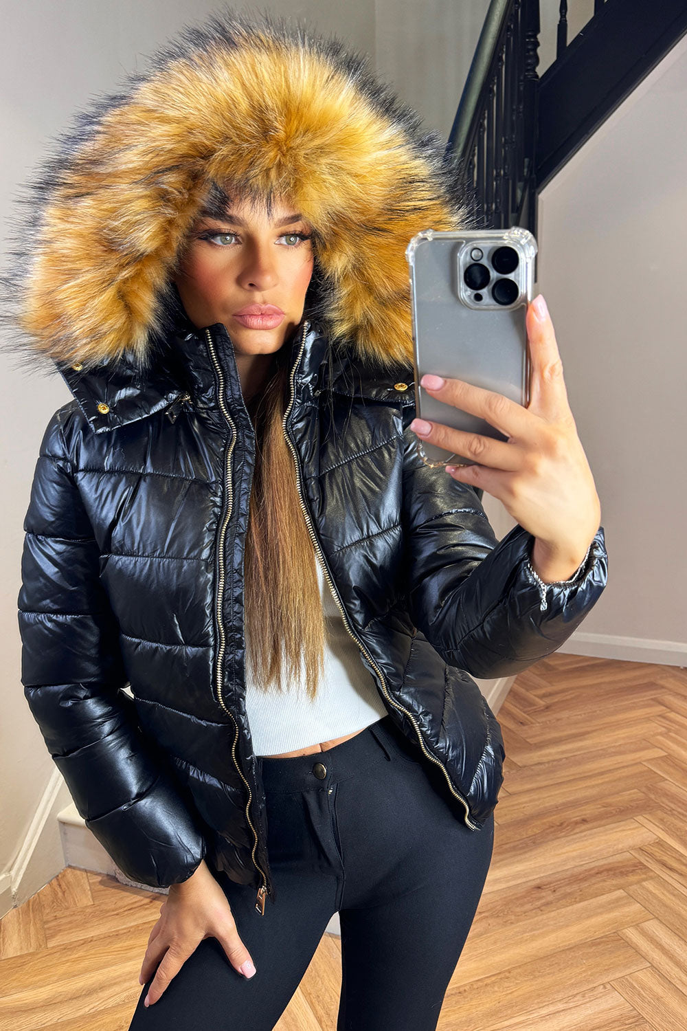 Faux Fur Hood Puffer Jacket Black