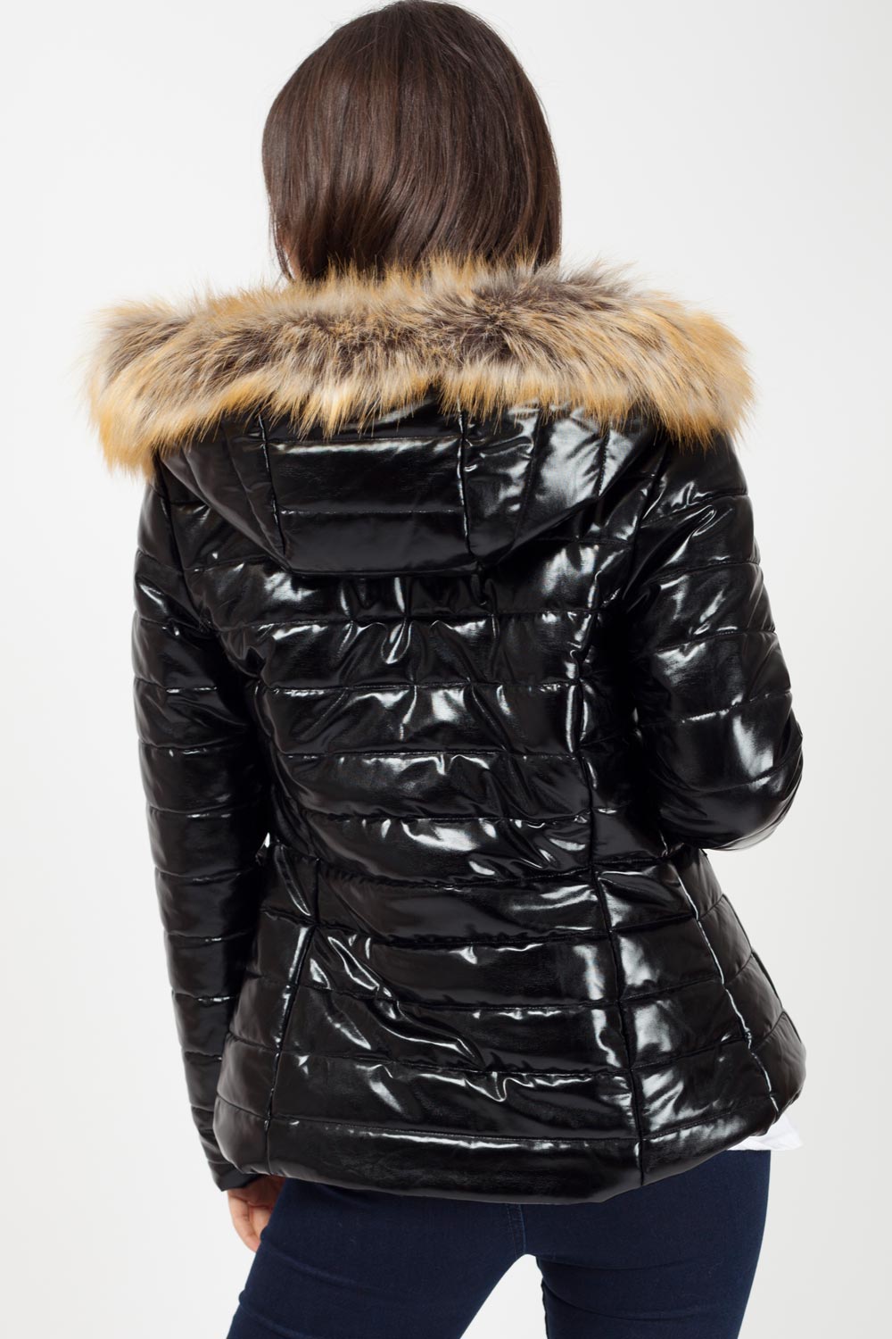 Black Shiny Puffer Faux fur Hood Coat