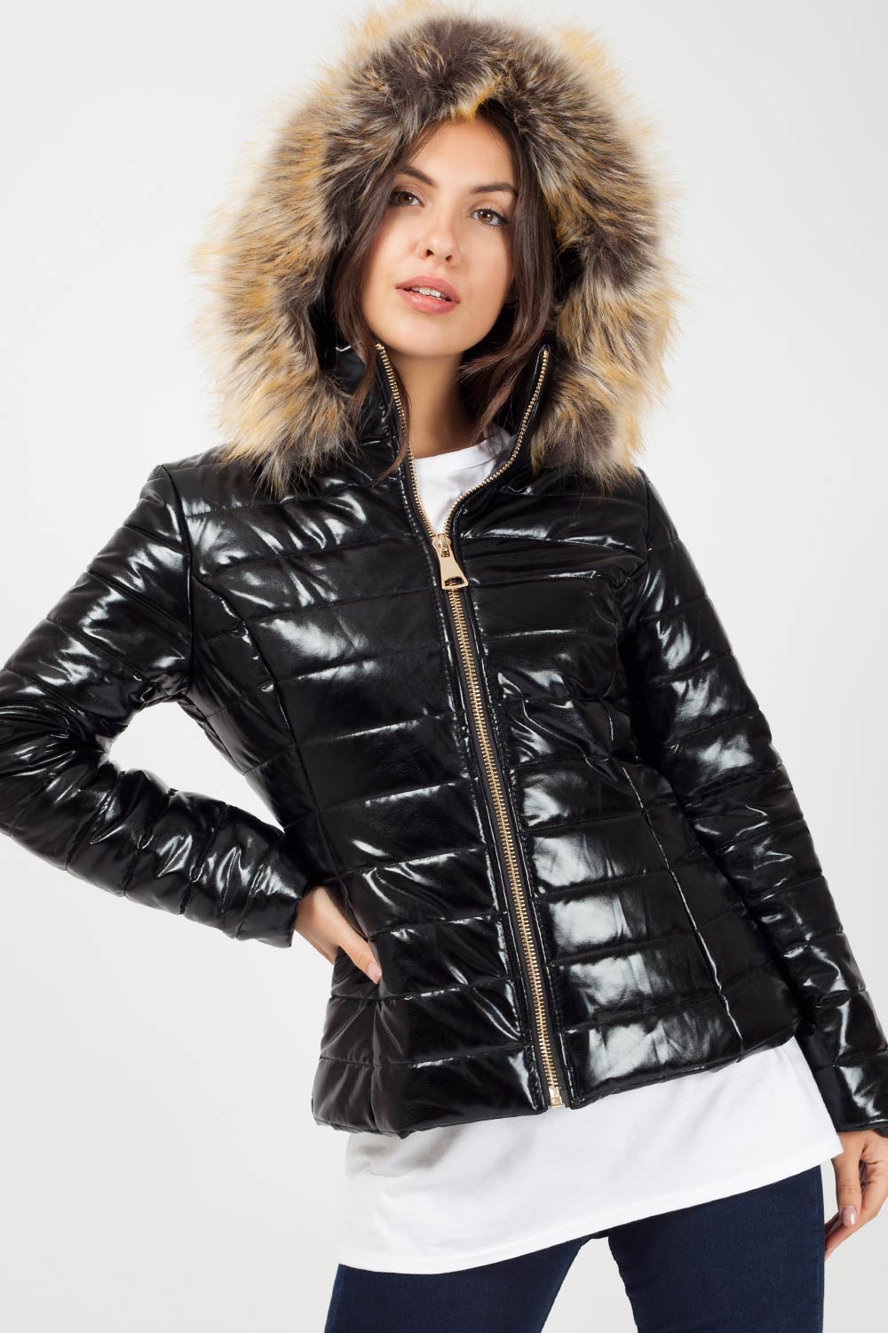 Black Shiny Puffer Faux fur Hood Coat