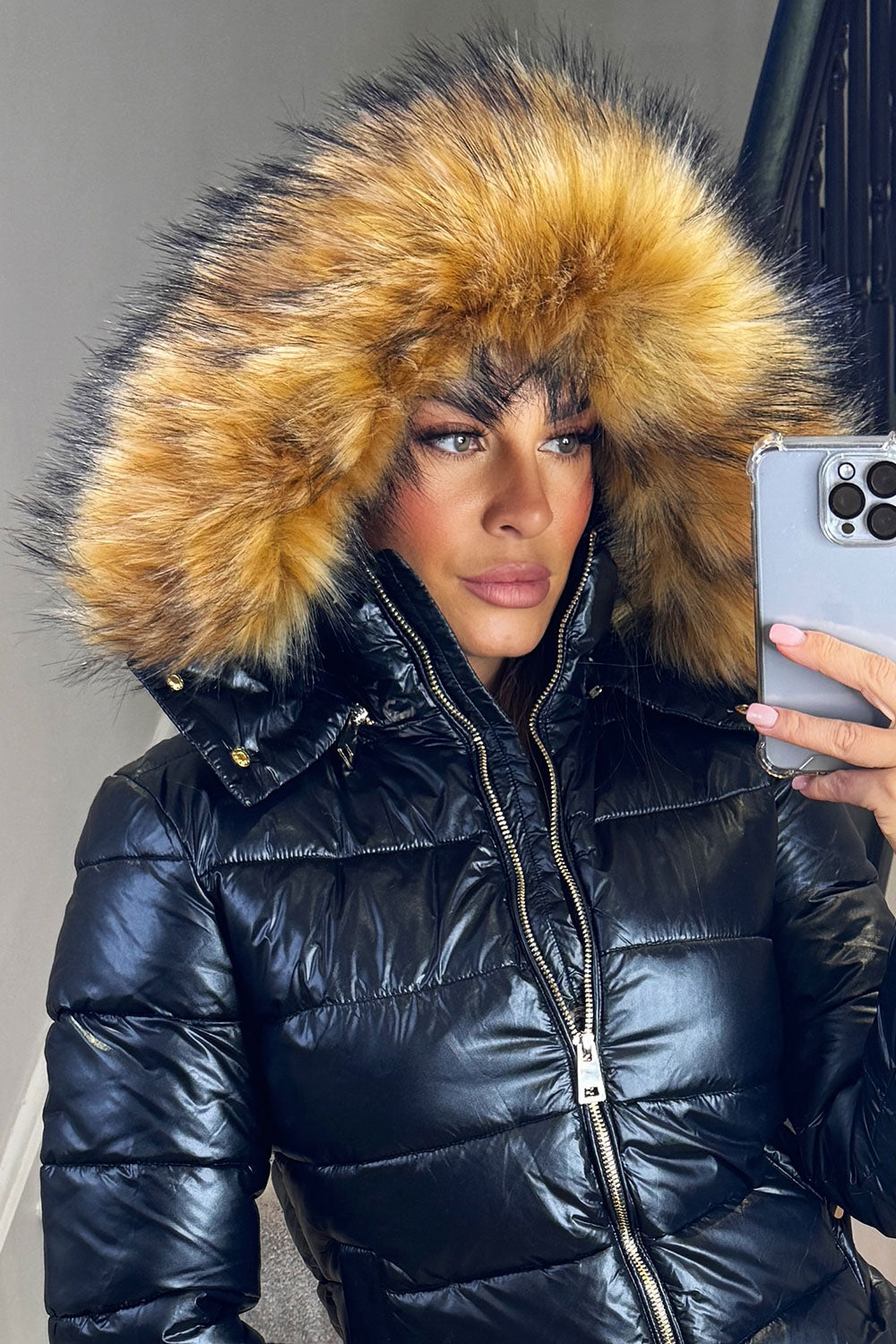 Faux Fur Hood Puffer Jacket Black