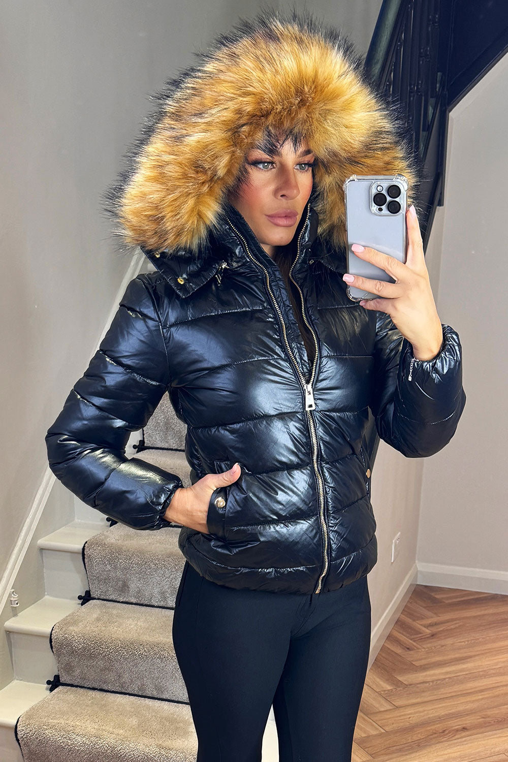 Faux Fur Hood Puffer Jacket Black