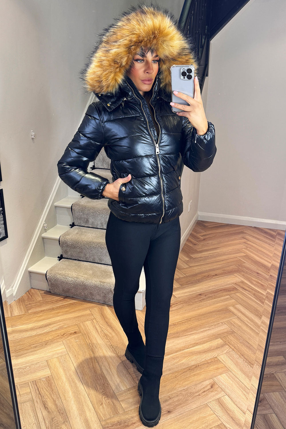 Faux Fur Hood Puffer Jacket Black