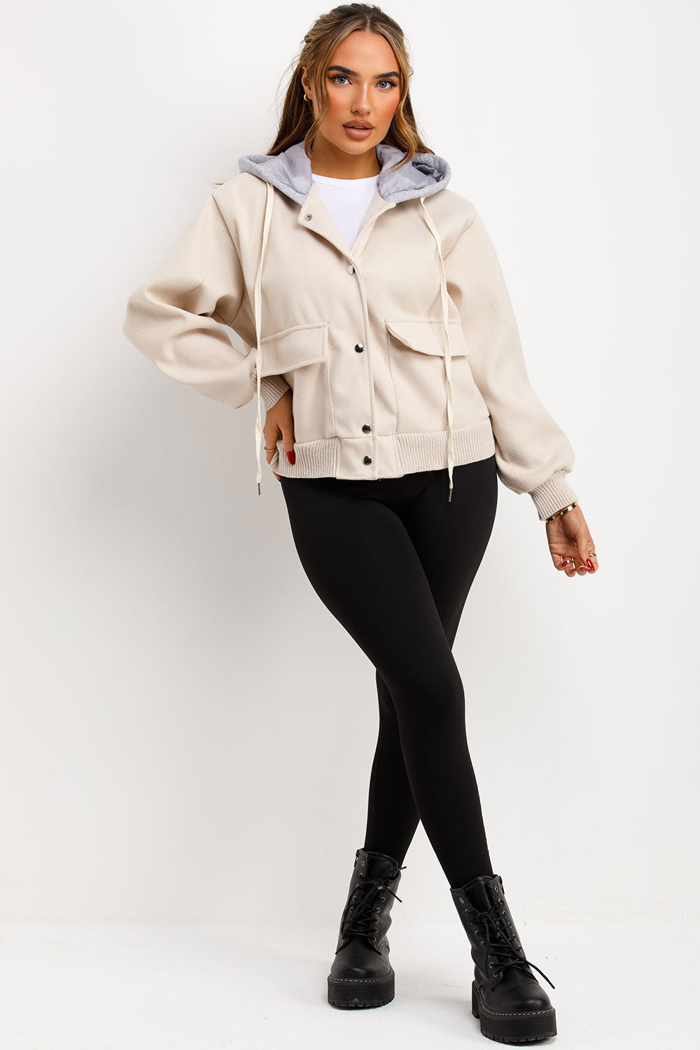 Bomber Baseball Jacket With Hood Beige