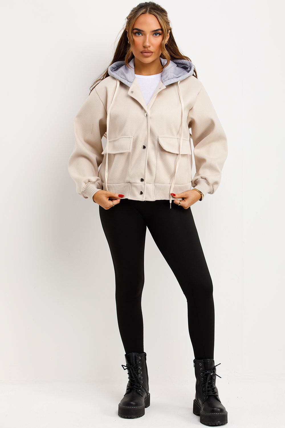 Bomber Baseball Jacket With Hood Beige