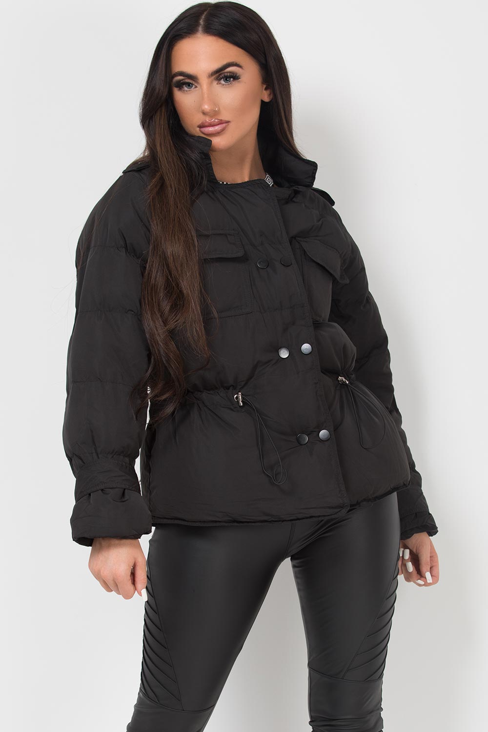 Black Puffer Jacket With Elasticated Drawstring