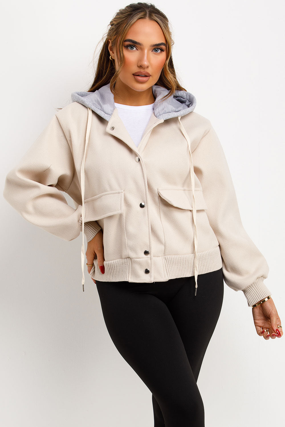 Bomber Baseball Jacket With Hood Beige