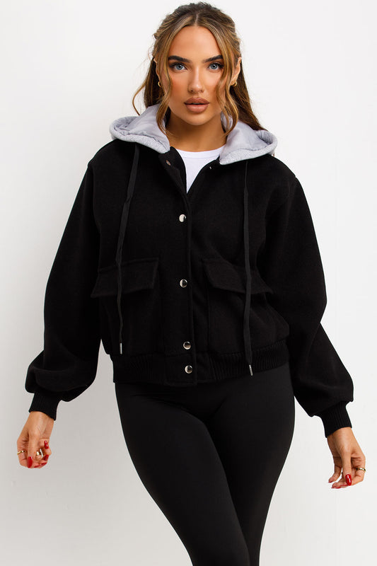 Bomber Baseball Jacket With Hood Black