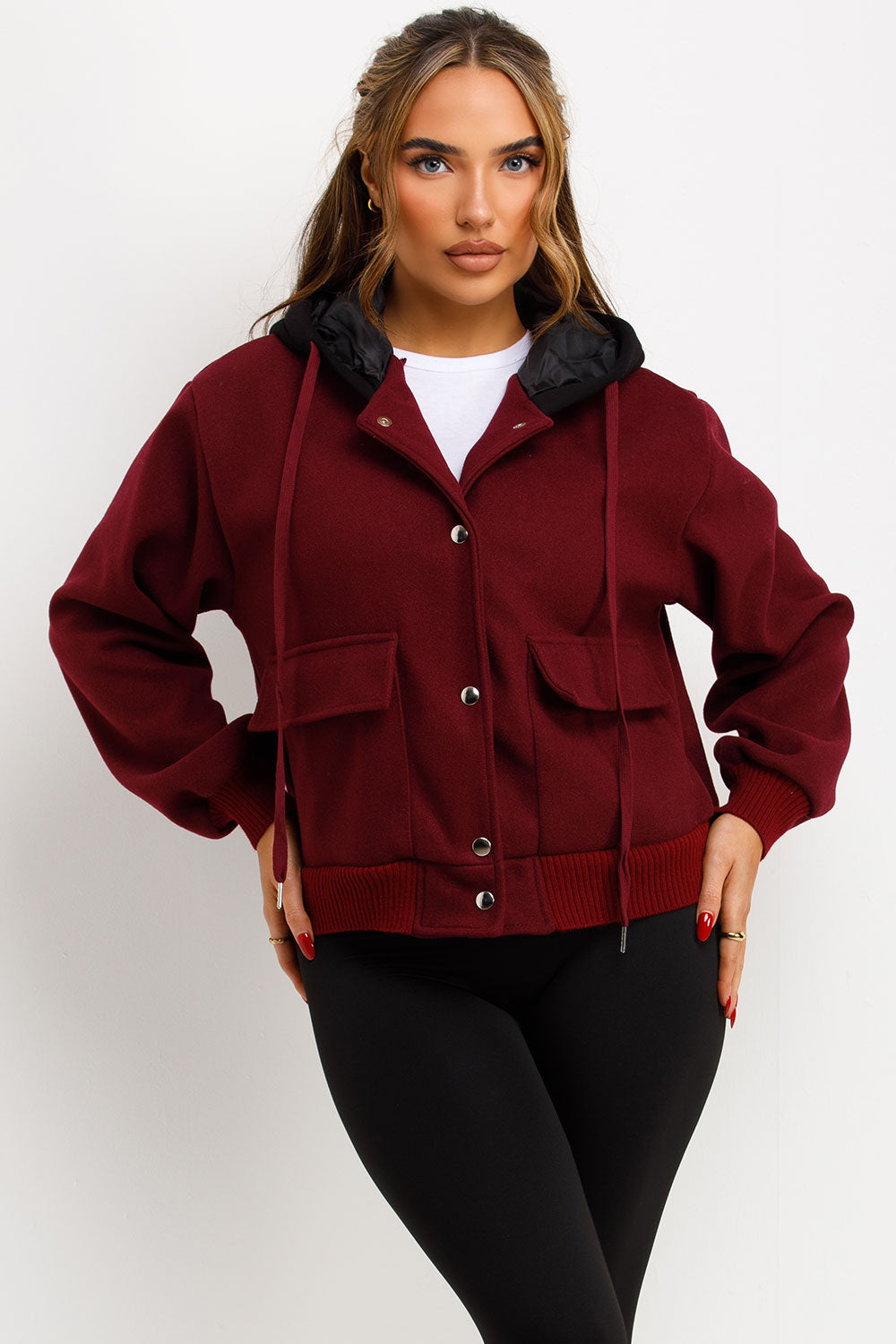 Bomber Baseball Jacket With Hood Burgundy