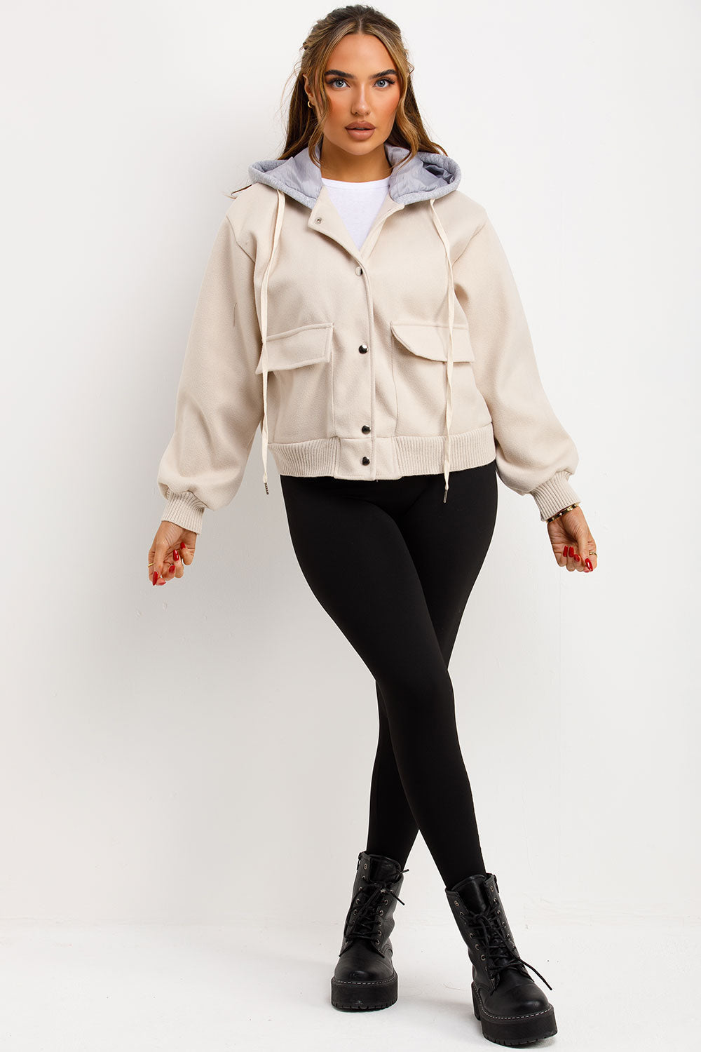 Bomber Baseball Jacket With Hood Beige