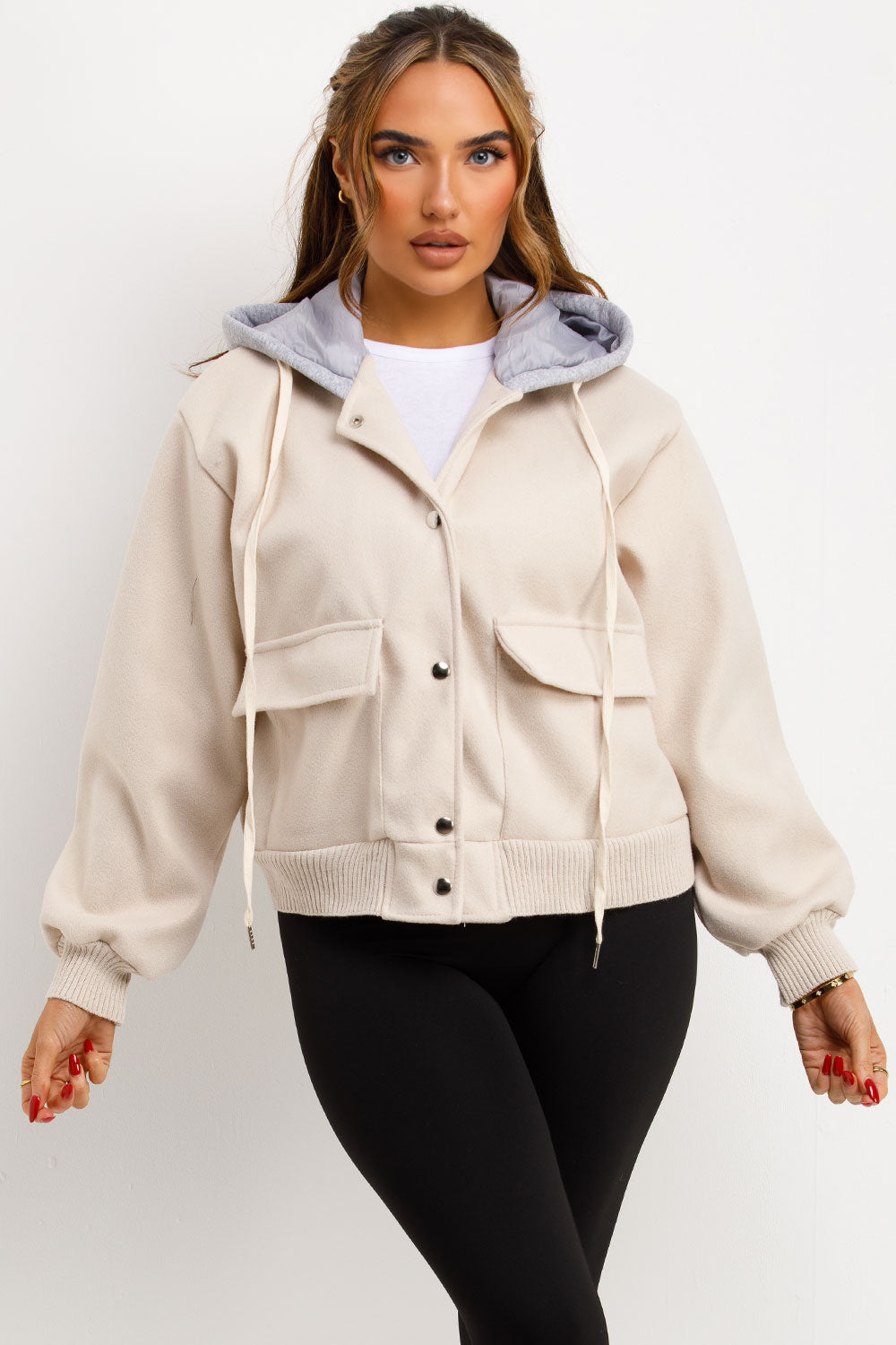 Bomber Baseball Jacket With Hood Beige