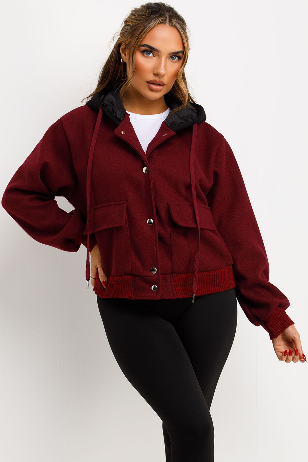 Bomber Baseball Jacket With Hood Burgundy