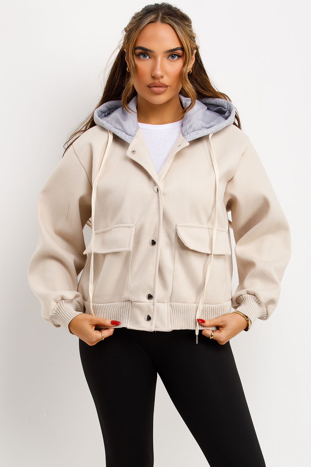 Bomber Baseball Jacket With Hood Beige