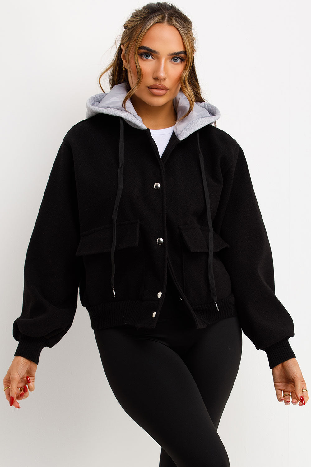 Bomber Baseball Jacket With Hood Black