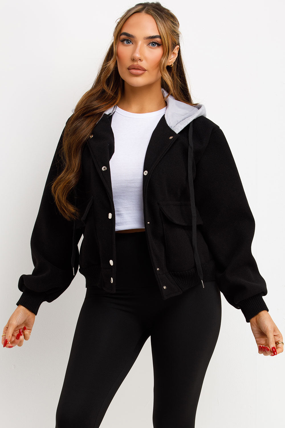 Bomber Baseball Jacket With Hood Black