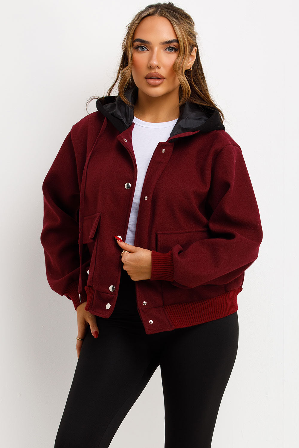 Bomber Baseball Jacket With Hood Burgundy