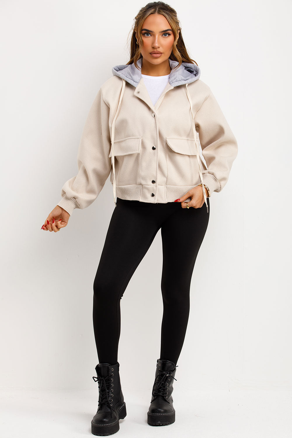 Bomber Baseball Jacket With Hood Beige