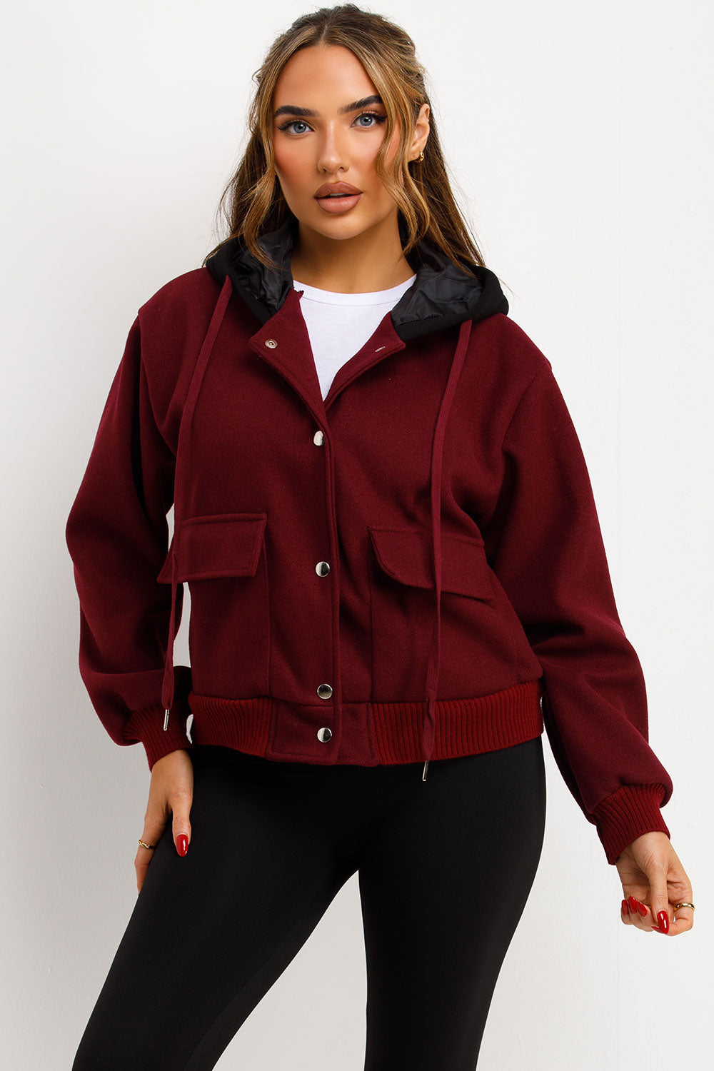 Bomber Baseball Jacket With Hood Burgundy