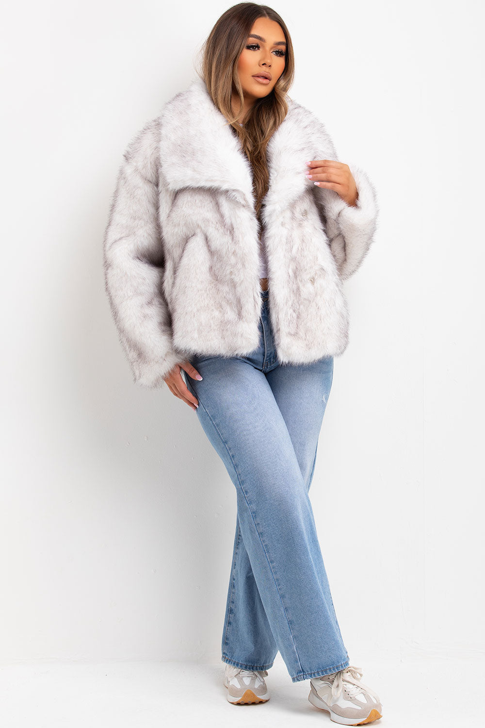 White Faux Fur Jacket With Collar