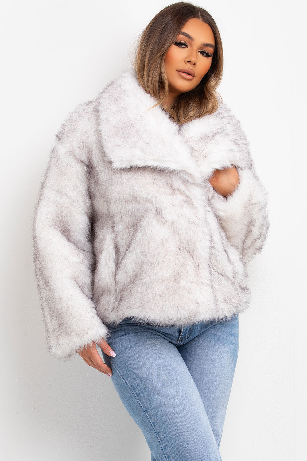 White Faux Fur Jacket With Collar