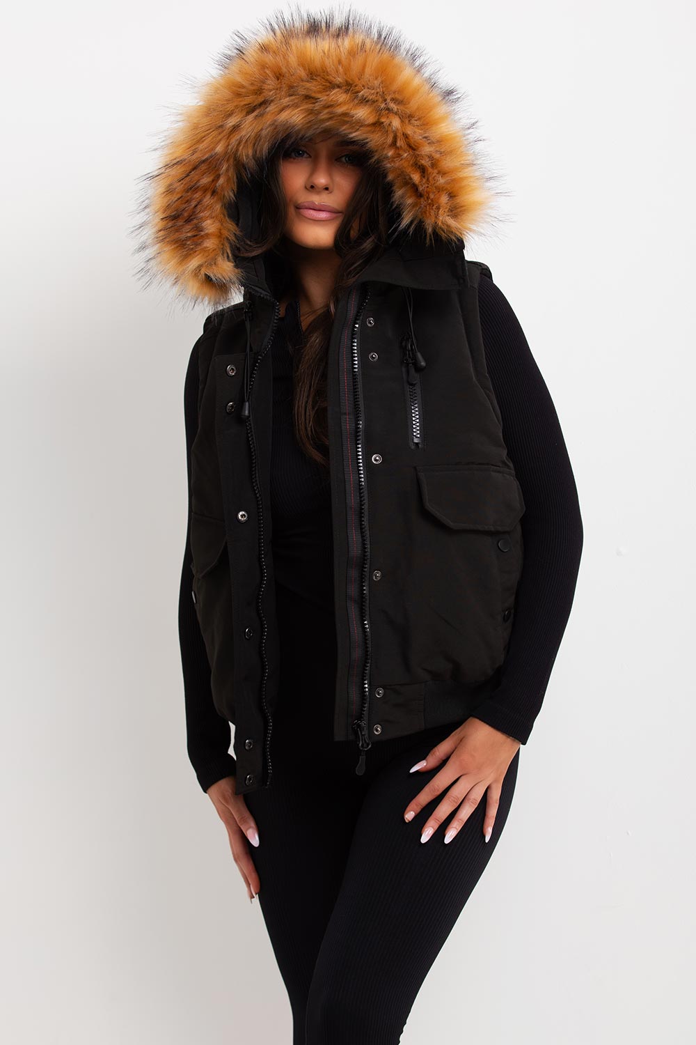 Black Gilet With Fur Hood