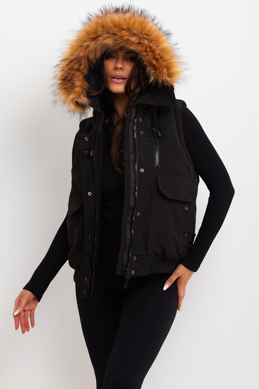 Black Gilet With Fur Hood