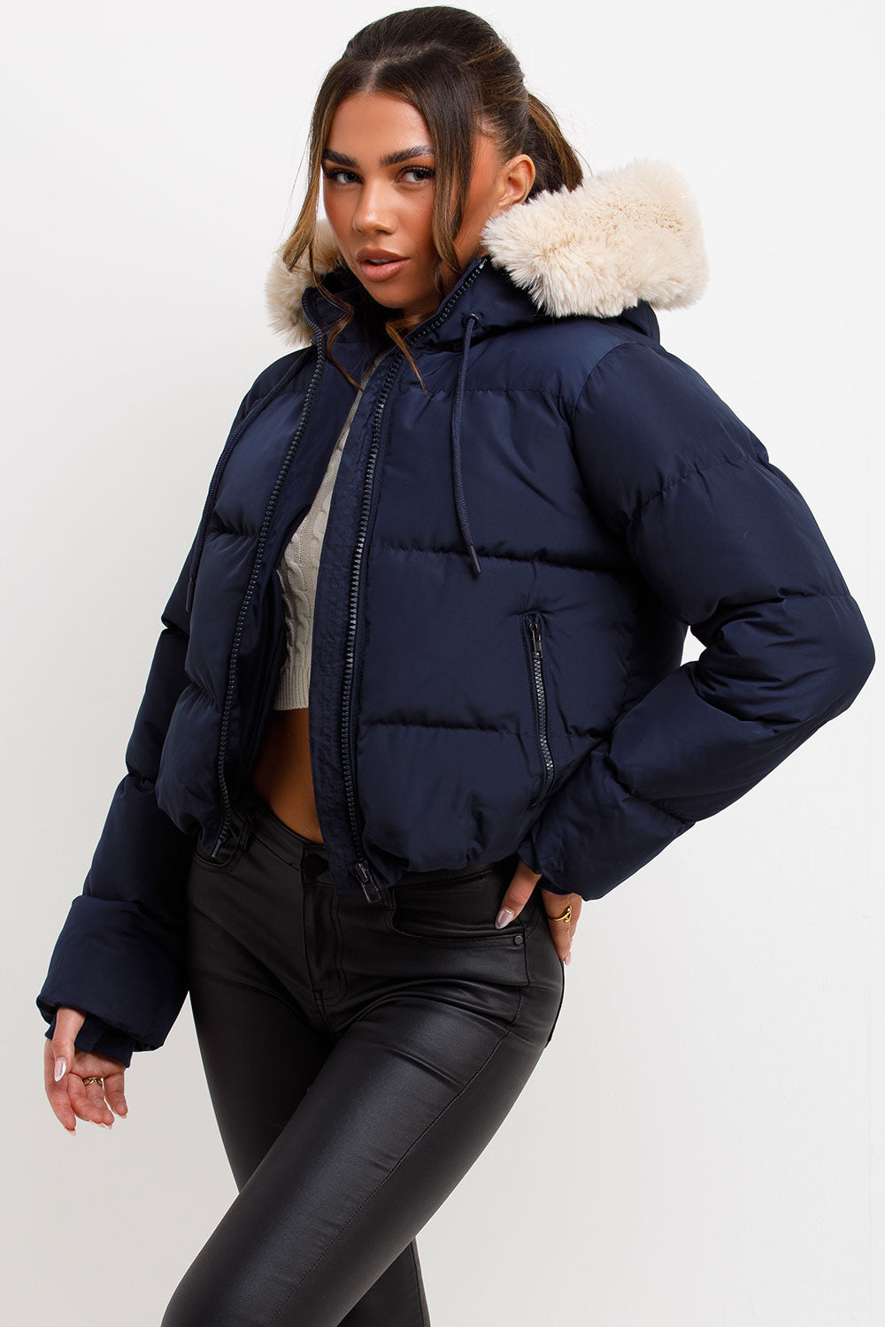 Puffer Jacket With Fur Hood Navy