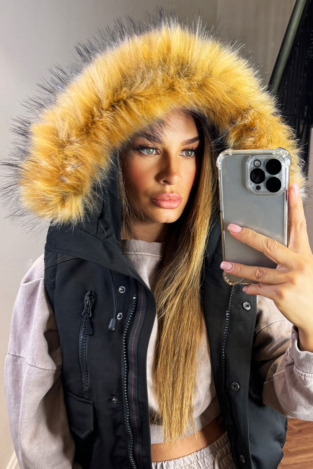 Black Gilet With Fur Hood