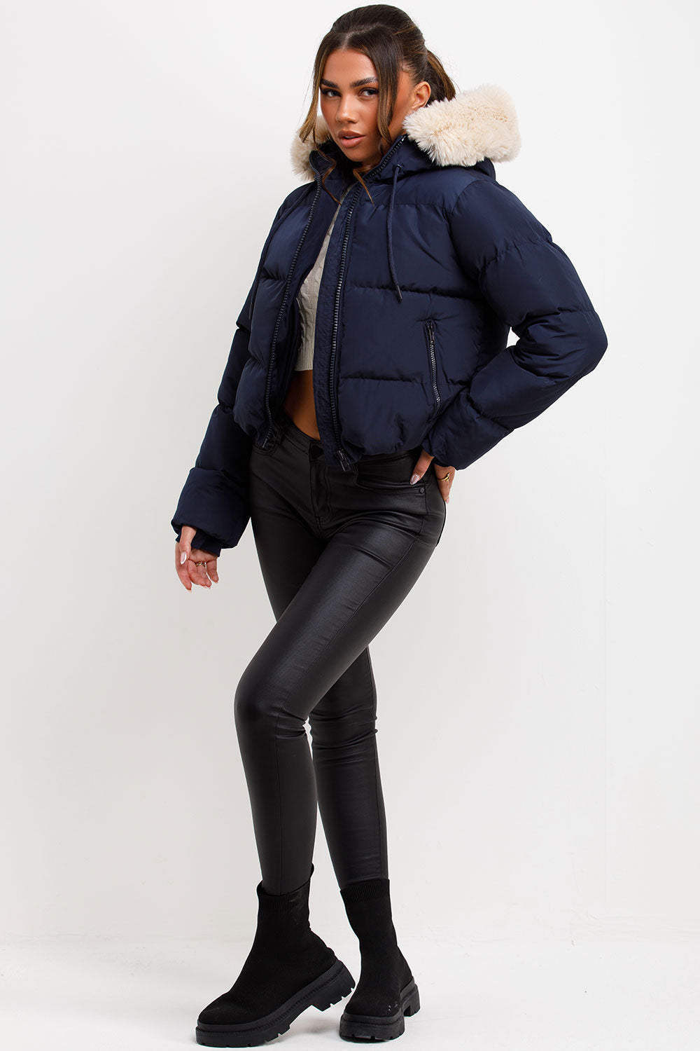 Puffer Jacket With Fur Hood Navy