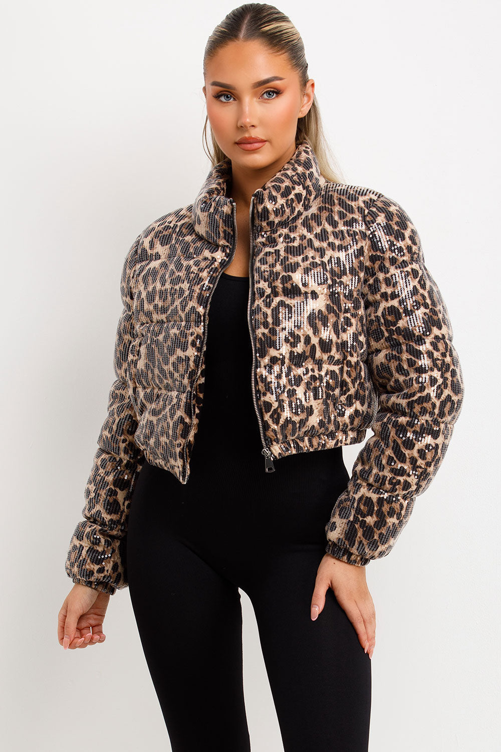 Leopard Print Crop Puffer Jacket Sequin Detail