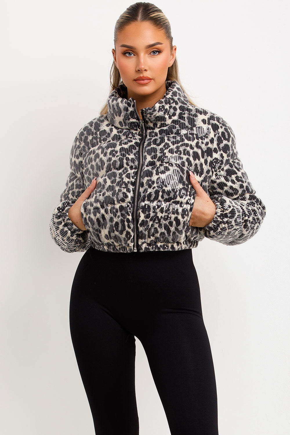 White Leopard Print Crop Puffer Jacket Sequin Detail