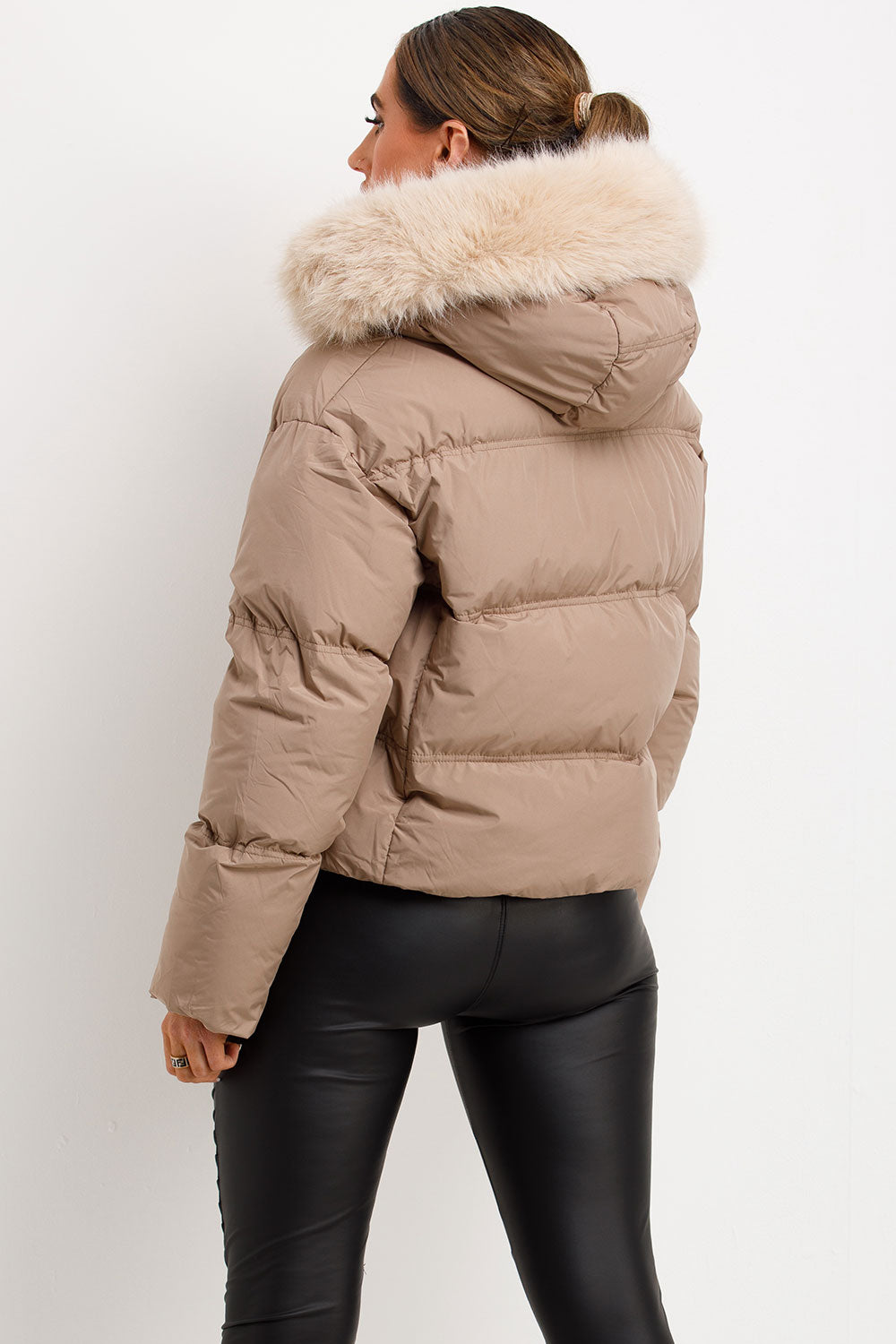 Puffer Jacket With Faux Fur Hood Stone