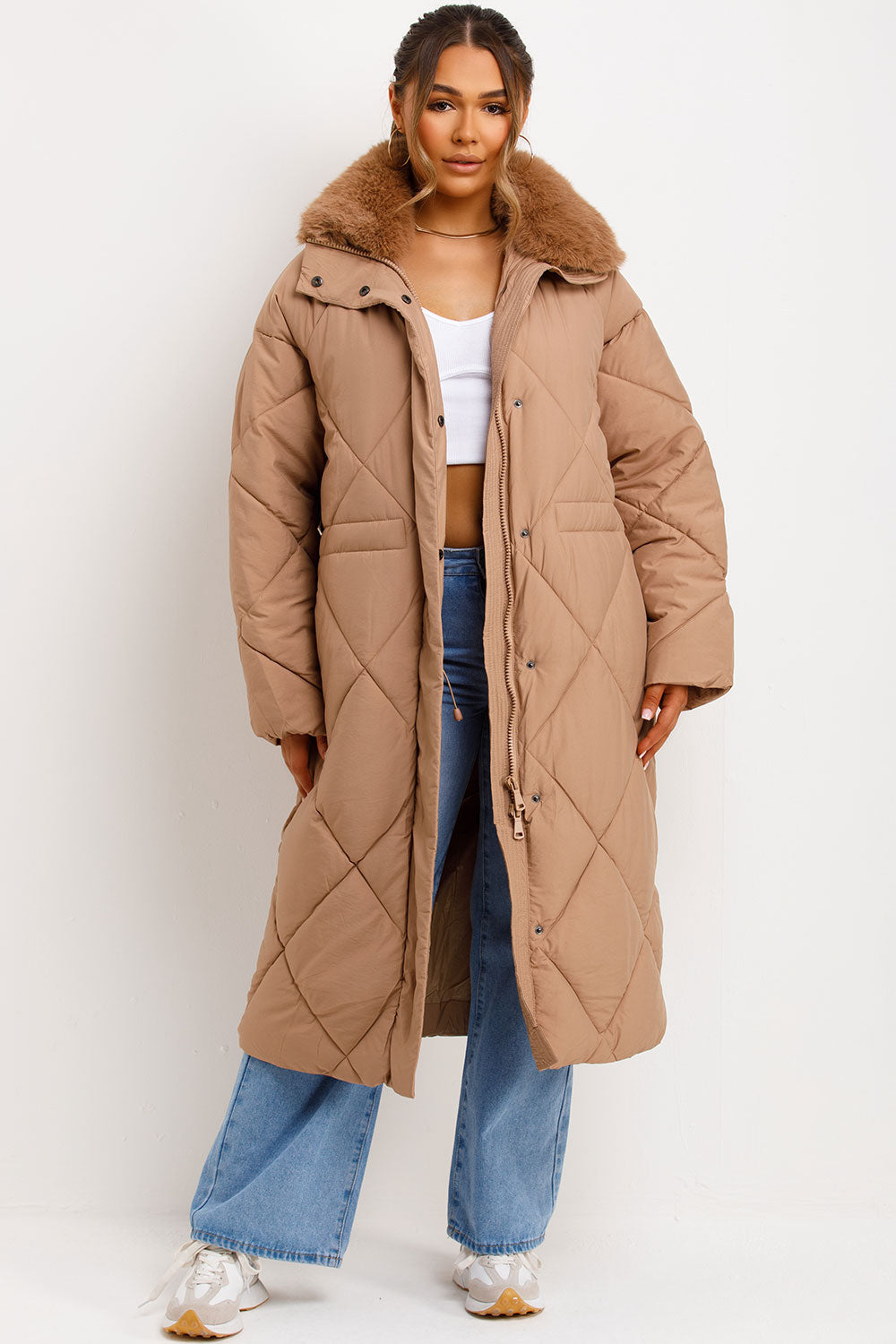 Long Puffer Quilted Coat With Fur Collar Camel