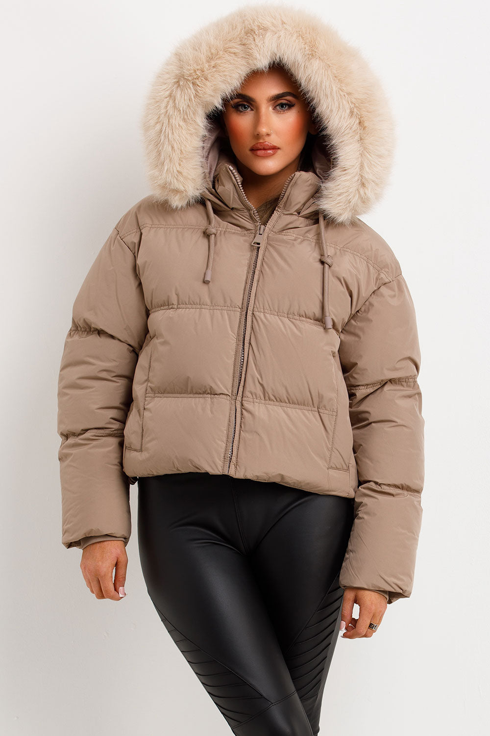 Puffer Jacket With Faux Fur Hood Stone