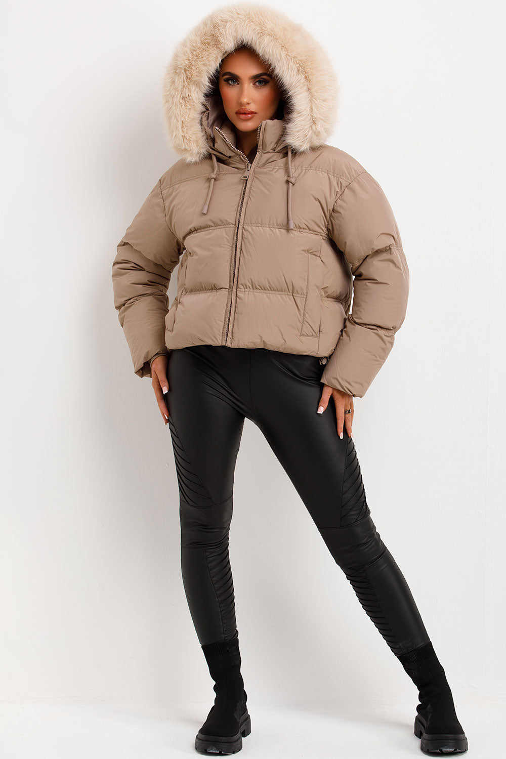 Puffer Jacket With Faux Fur Hood Stone